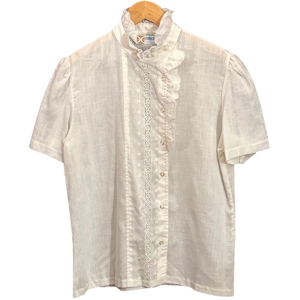 Vintage DC Collections Blouse Cottagecore Victorian Ruffle Lace Eyelet White Top